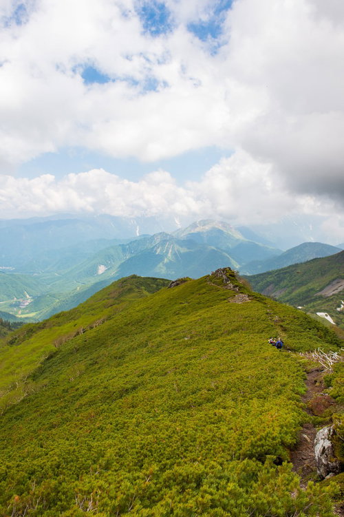 北アルプス・乗鞍新登山道の緑の稜線歩き・青空と雲