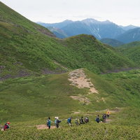 北アルプスの乗鞍新登山道を歩む登山者の列の写真