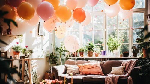 温かい自然光が差し込む部屋を彩るバルーンとソファー