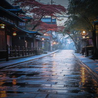 雨上がりの朝焼けに映える日本風の長屋通りの写真