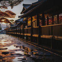 古い木造の長屋と日本風の風景が静寂に包まれた夜明けの写真