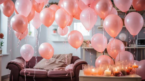 キャンドルの灯りが映えるパーティー用バルーンがぎっしり浮かぶリビング