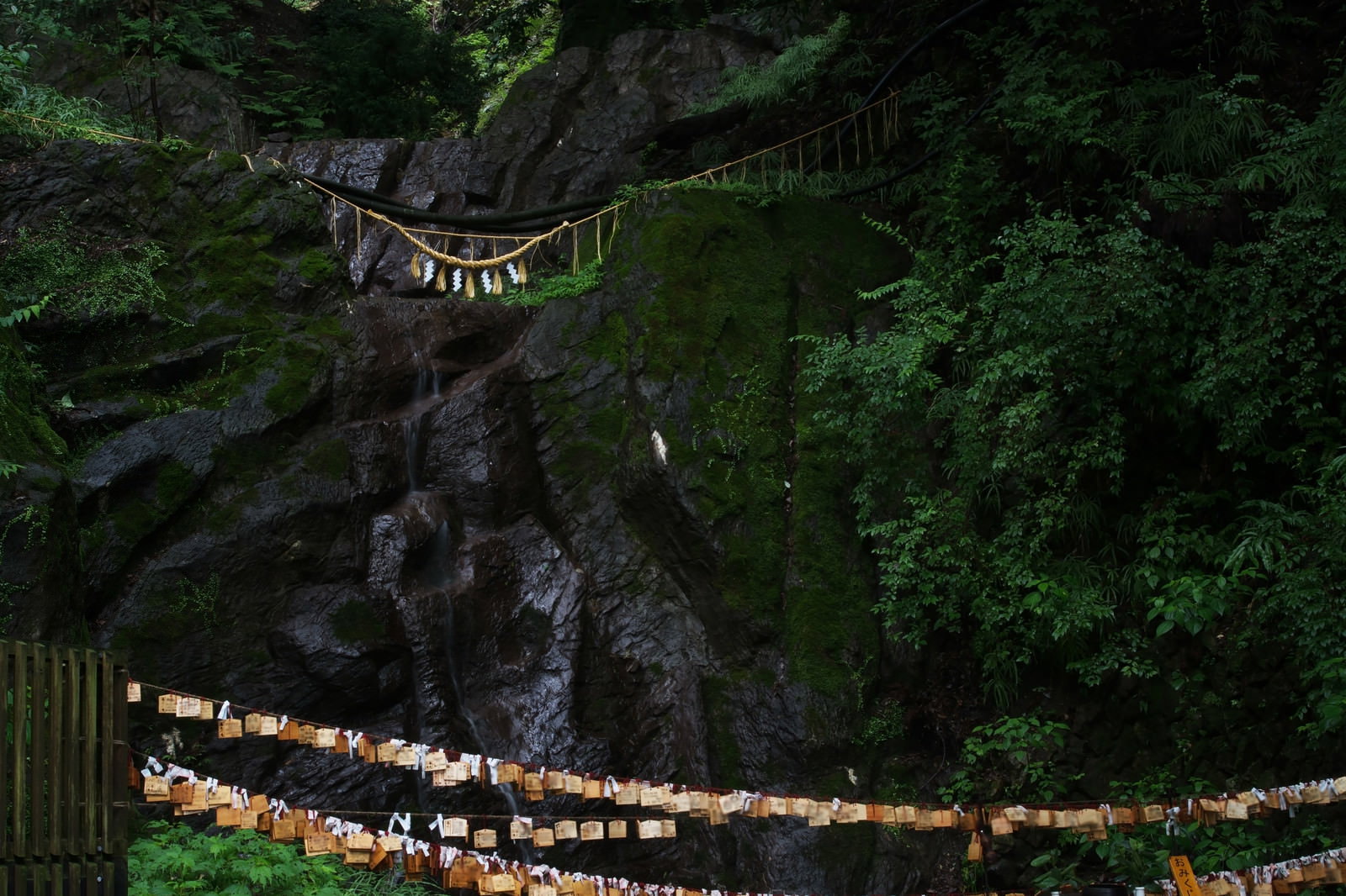 苔むした岩から湧き出る水に注連縄と紙垂が飾られた神聖な湧水