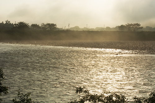 朝靄と朝日にきらめく川面