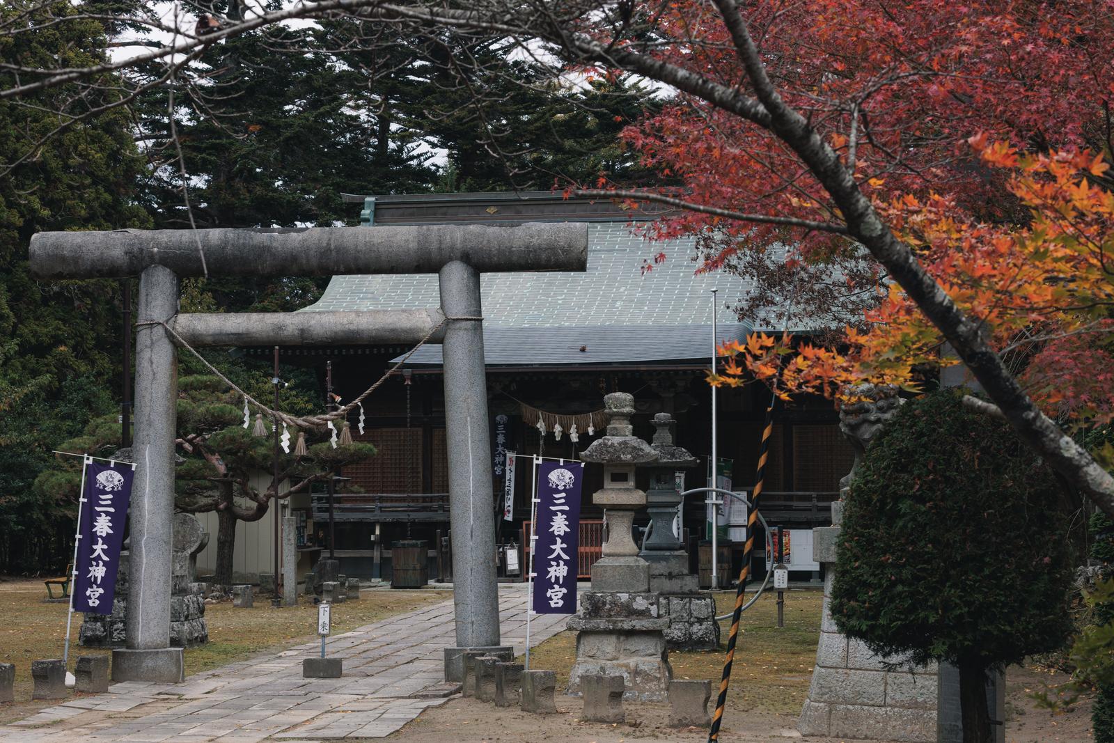 秋の紅葉に囲まれた三春神社の灰色い石造鳥居と参道