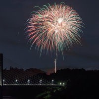 夜空を彩る打ち上げ花火と春田大橋のライトアップの写真