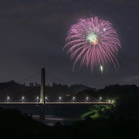 三春花火と斜張橋のライトアップが映える夜景の写真