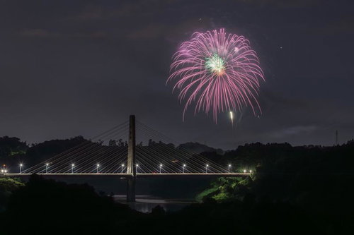 三春花火と斜張橋のライトアップが映える夜景