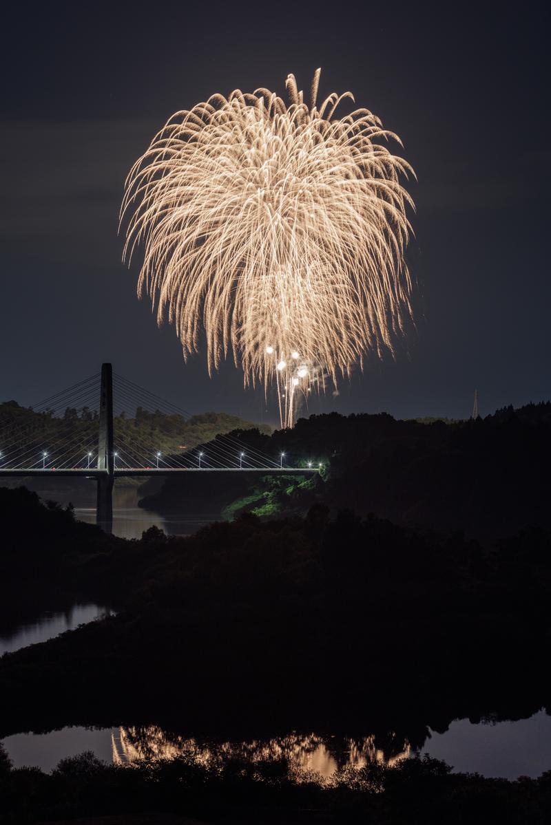 三春大橋上空で打ち上がる黄金色の花火が夜空に大きく咲いている