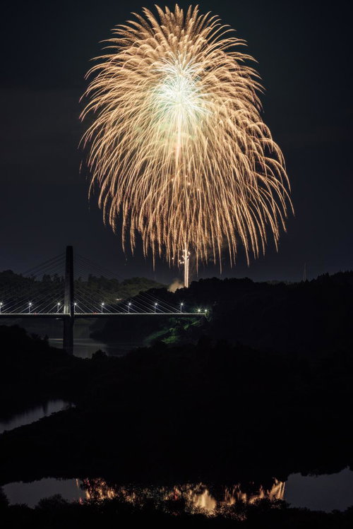 三春町の花火大会で夜空に咲く打ち上げ花火
