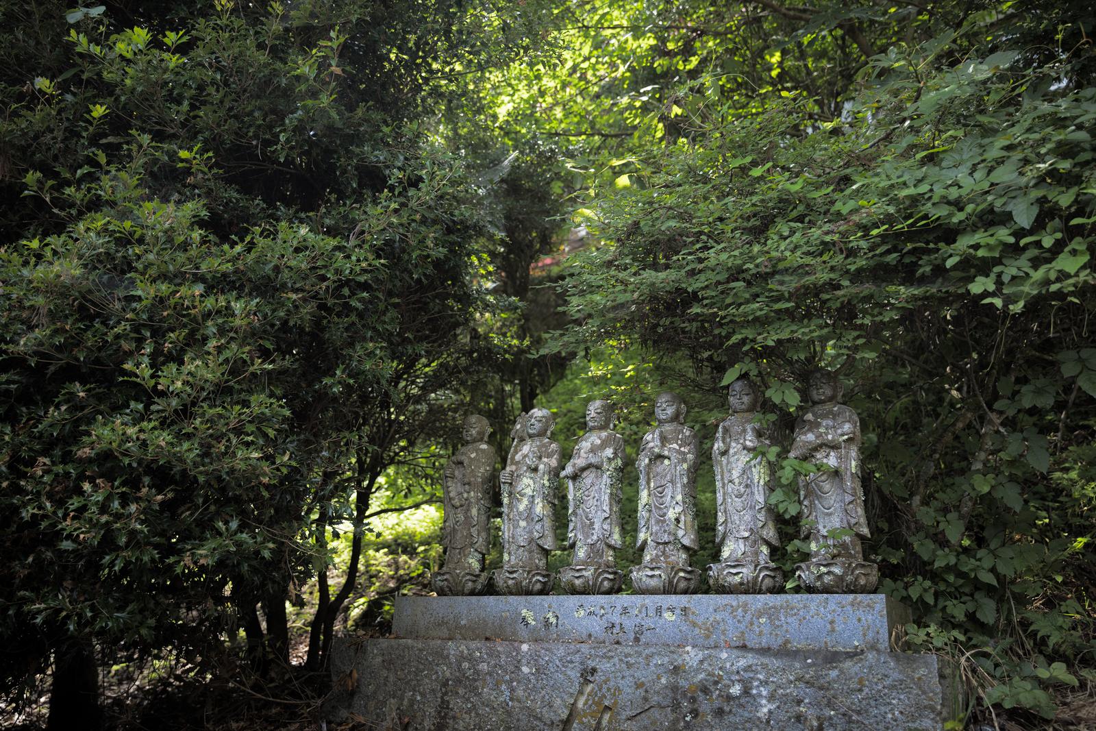 緑の樹木に囲まれた参道に横一列に並ぶ風化した石造りの六地蔵像