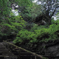 東堂山満福寺の苔むした石段参道と鐘楼の景観の写真