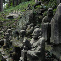 東堂山満福寺の境内に集う羅漢の石像群と杉木立の写真