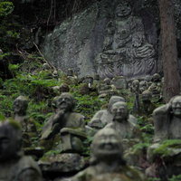 苔むす東堂山満福寺の羅漢石像群とお釈迦様の岩壁彫刻の写真