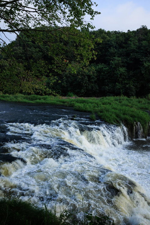 新緑に囲まれた乙字ヶ滝の流れ 福島県玉川村の渓流風景