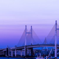 夕暮れ時の横浜ベイブリッジと工業港の都市夜景の写真