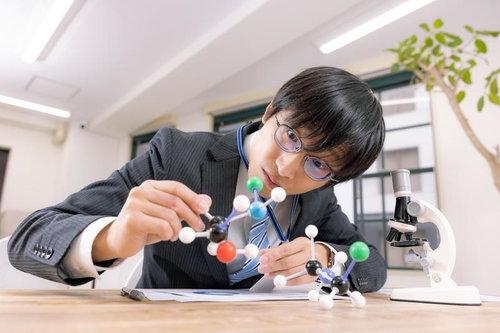 分子構造模型を確認する研究員の男性