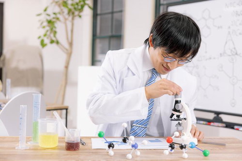 おもちゃの顕微鏡で観察実験をする白衣の男性研究者