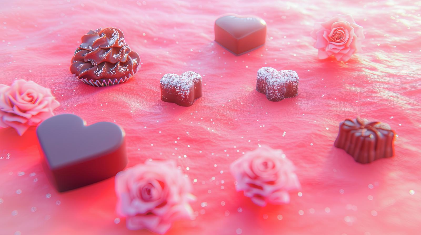 ピンク背景にハート型チョコレート、薔薇、光の粒が浮遊するバレンタイン風のAI画像