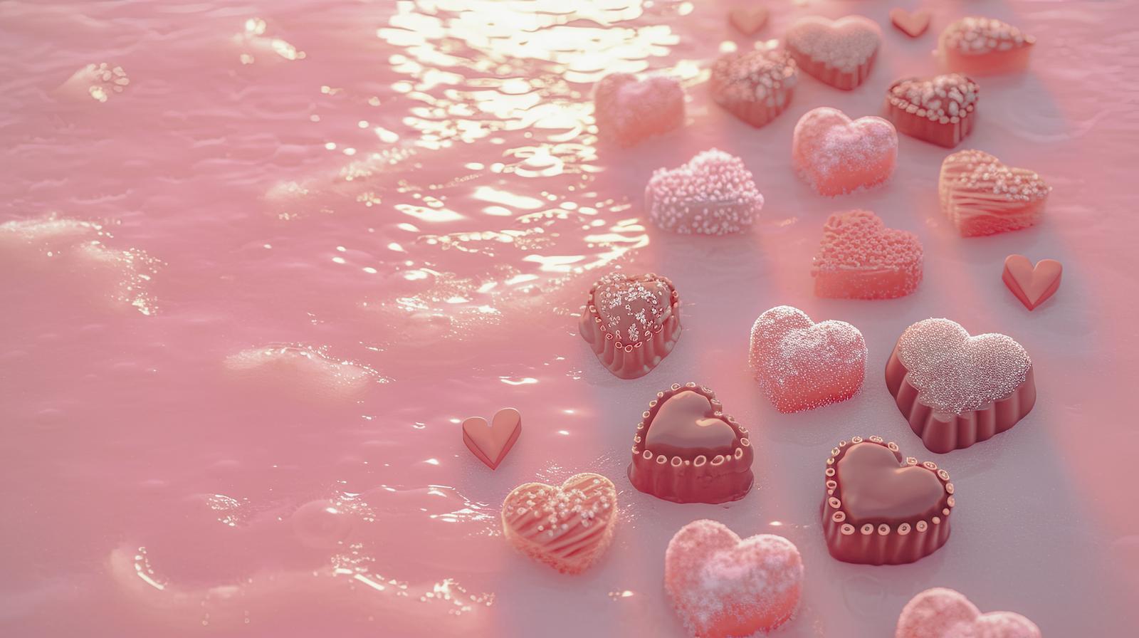 ピンク色の液体にハート型チョコレートが浮かぶバレンタイン風の画像