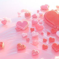 ハート型のチョコと波立つピンクの水面、キラキラ輝く背景の写真