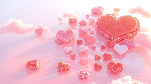 ハート型のチョコと波立つピンクの水面、キラキラ輝く背景