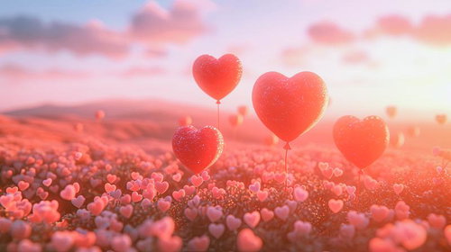 ハート風船が浮かぶハート畑、バレンタインデーのロマンチックな愛情表現