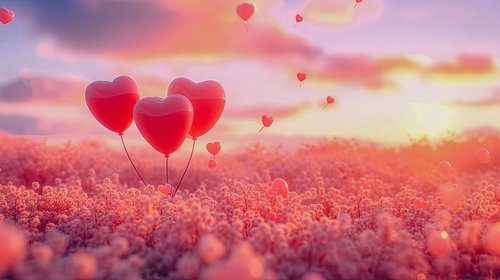 ハートのバルーンが浮かぶ愛の花畑 バレンタイン ロマンチック
