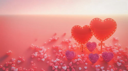 散らばったハートと柔らかい光が輝くバレンタイン風景