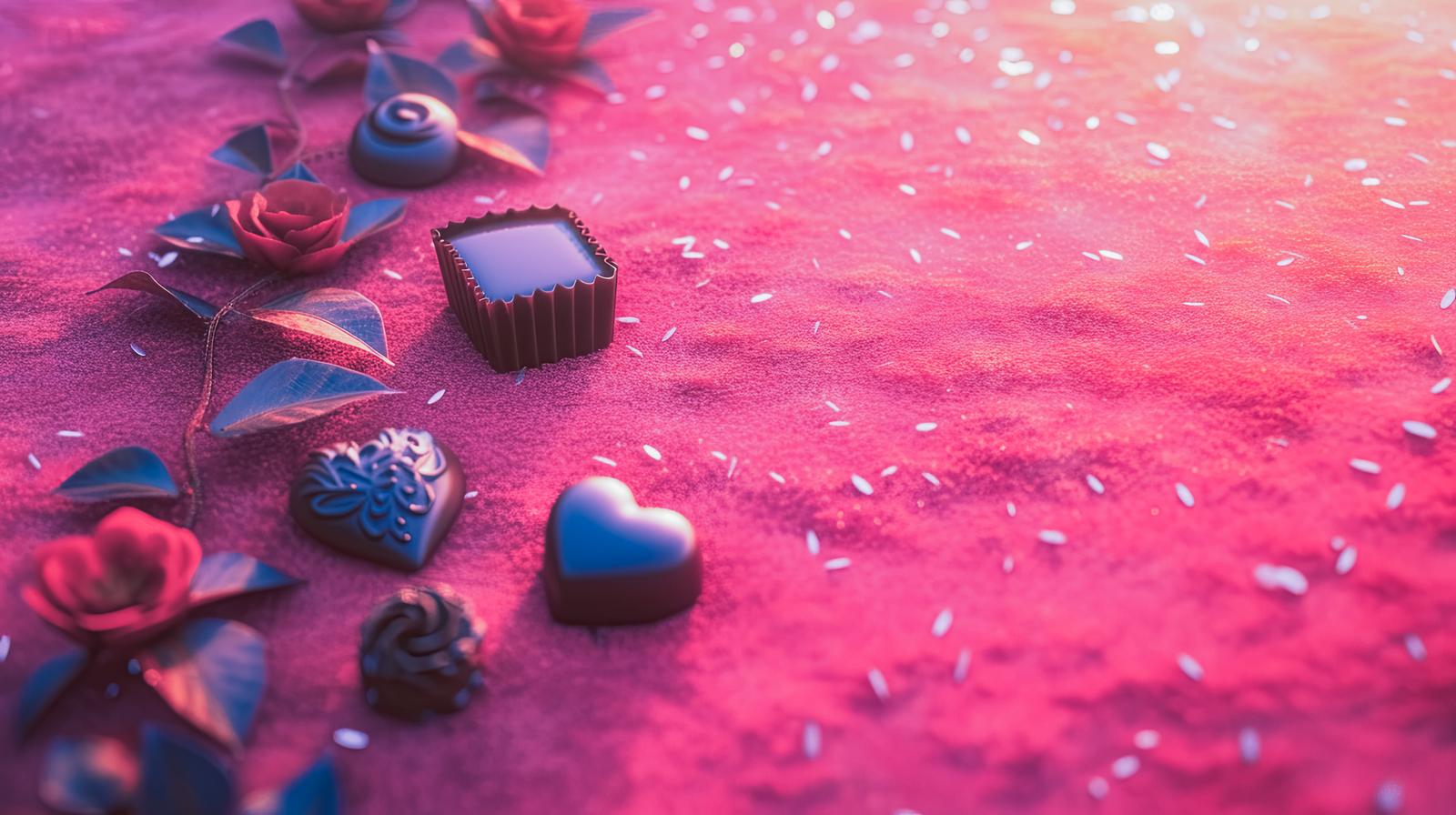 ピンク色の背景にハート型チョコレートとバラの花が散らばるバレンタインデー風の画像