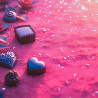ピンクの砂地に散らばるハートのチョコとバレンタインのデコレーションの写真