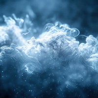青色背景に白い煙が流れる抽象的なスモークの写真