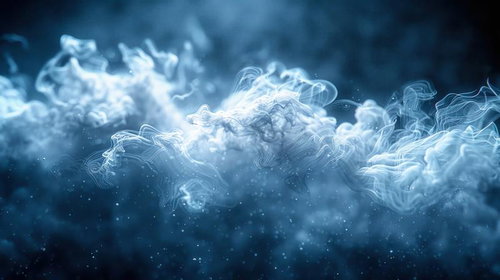 青色背景に白い煙が流れる抽象的なスモーク
