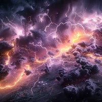 炸裂する雷と紫電の空・暗い雲立ち込める激しい電撃エネルギーの写真