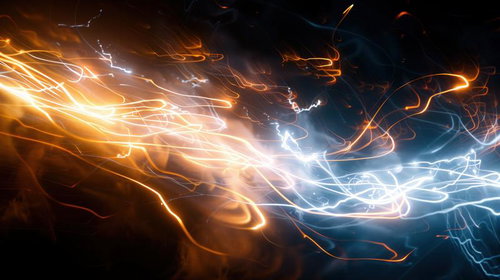 複雑に絡み合うオレンジと青の光跡エネルギー