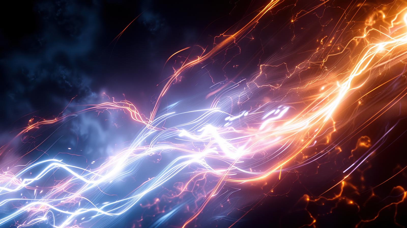 オレンジと青の光が交差する放電エネルギーを表現したAI生成画像