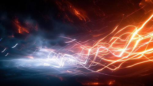 オレンジと青に輝く複雑な光の線が交差する放電風景