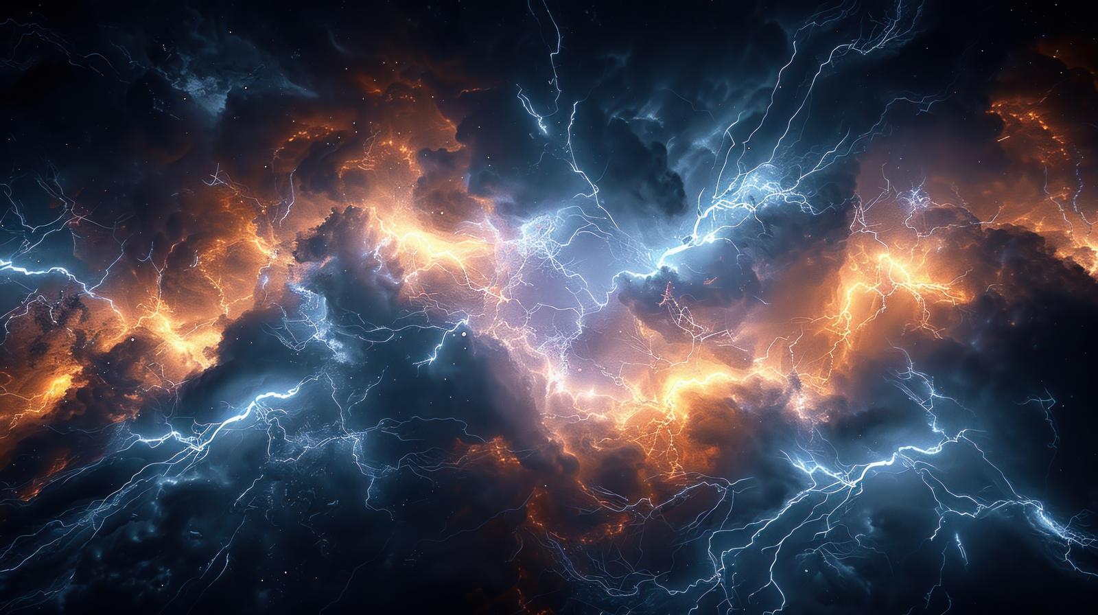 暗い雲の中で青白い稲光とオレンジ色の放電が複雑に交差する夜空