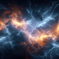複雑に絡み合う青白い放電と炎のような雷光が作り出す夜の写真