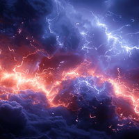 夜空に走る赤と青の稲妻が交差する放電現象の写真