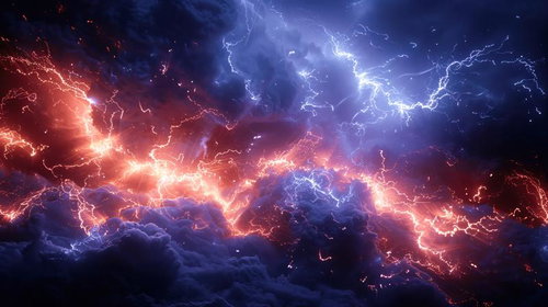 夜空に走る赤と青の稲妻が交差する放電現象