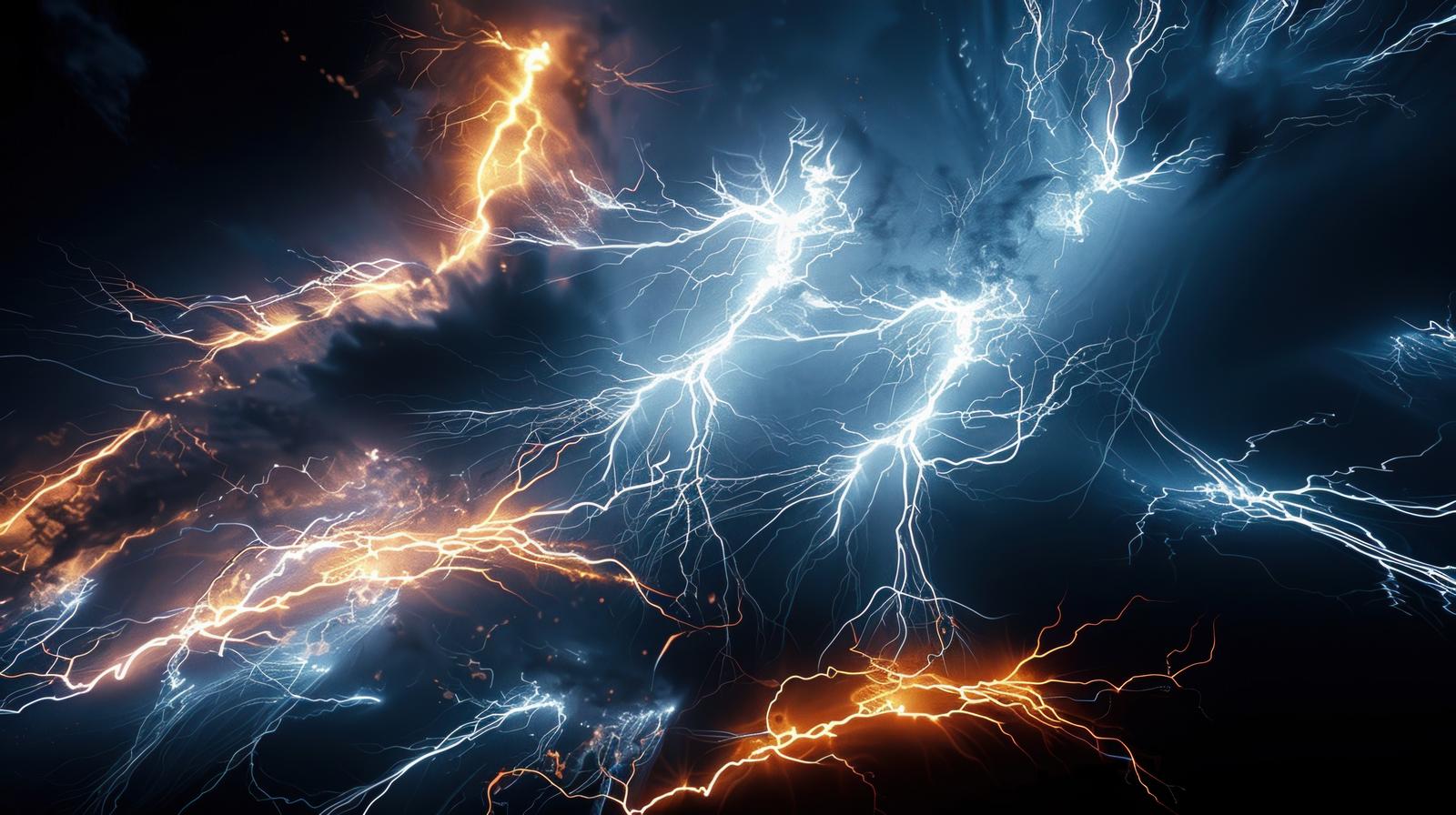 夜空で複数の稲妻が放電し、オレンジと白の光が交差する雷放電