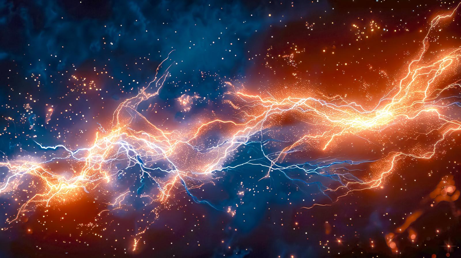 星空を背景にオレンジと白の稲妻が複雑に分岐して放電する