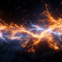 オレンジ色に輝く稲妻とエネルギーの電閃が放電するの写真