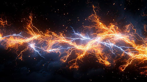 オレンジ色に輝く稲妻とエネルギーの電閃が放電する