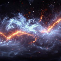 迸る稲妻と電撃のエネルギー｜青白い光線と炎のSFエフェクトの写真