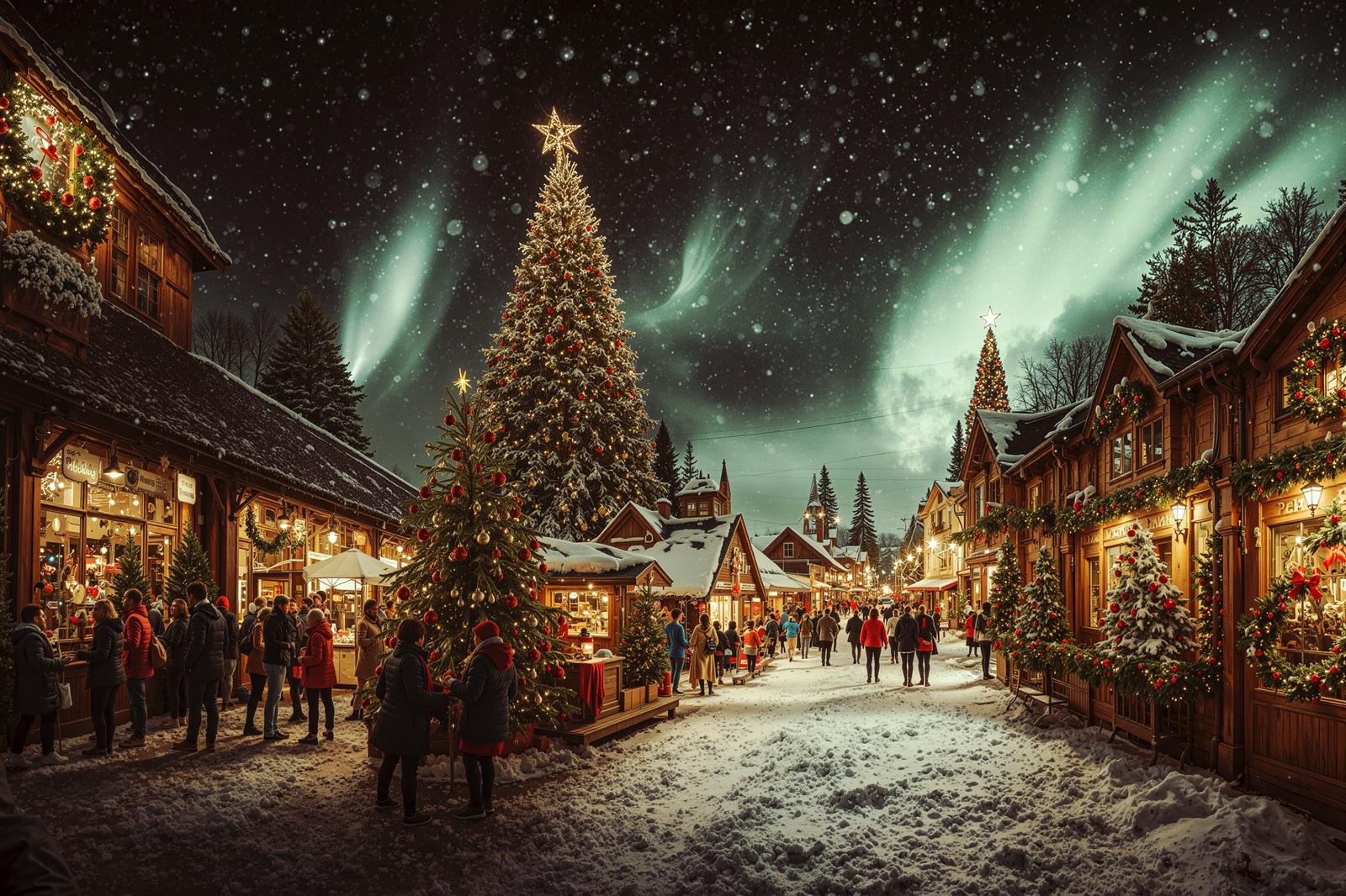 オーロラの夜空に立つクリスマスマーケット