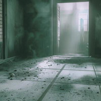 薄汚れた不気味な和室の奥へ続く廊下と古い格子窓の写真