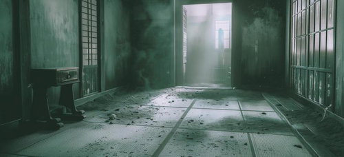 薄汚れた不気味な和室の奥へ続く廊下と古い格子窓