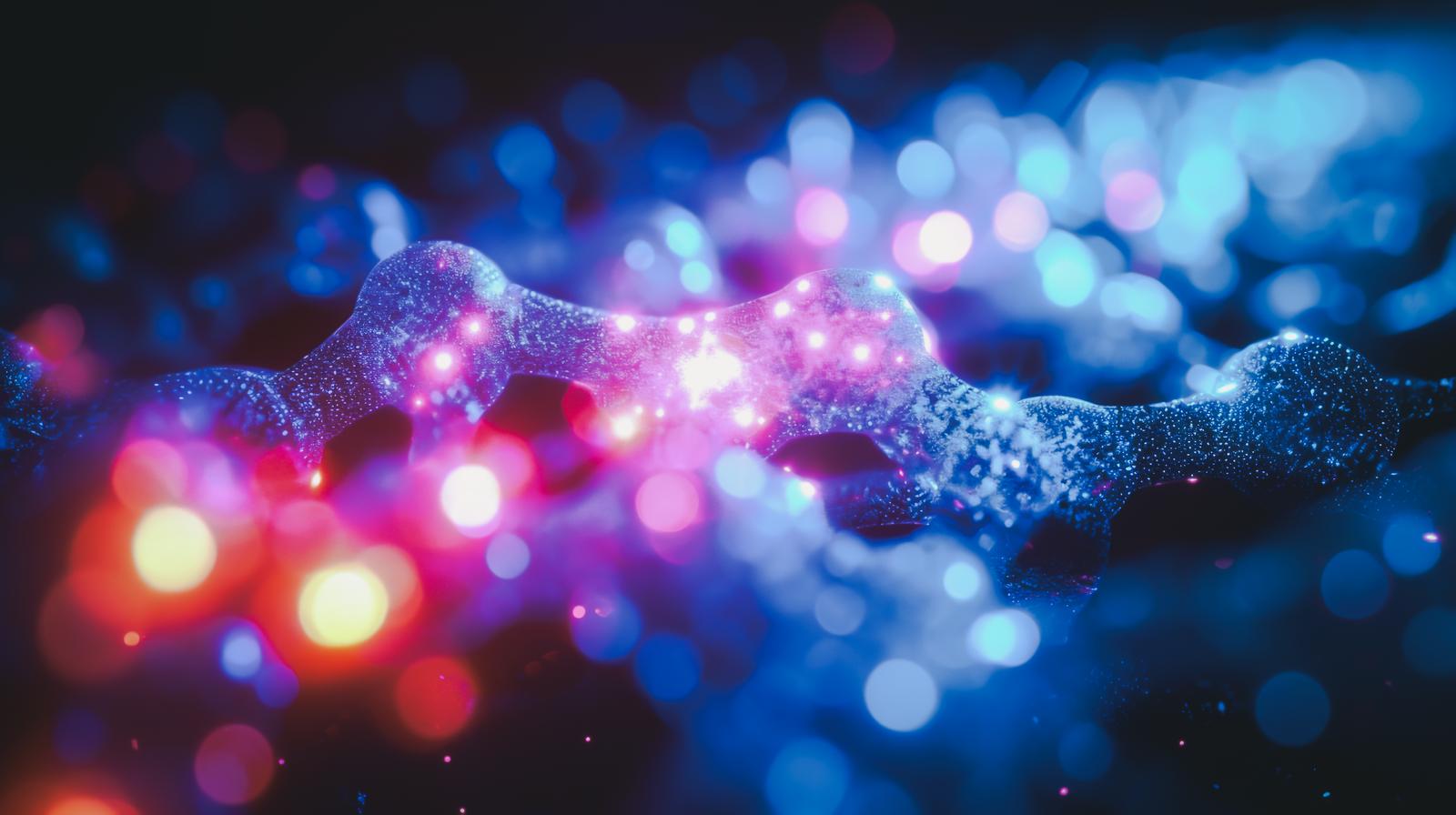 ピンク色に光るシナプス風の神経細胞と電気信号の画像